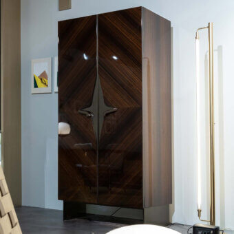 Superior Zanaboni Romance cupboard crafted from glossy dark brown eucalyptus wood with a bronzed lux metal frame and star handles
