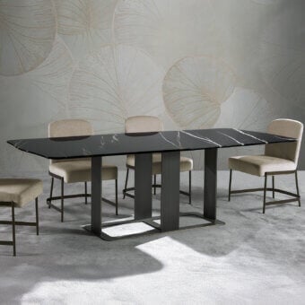 Superior Zanaboni Romance table crafted in black Sahara marble with a bronzed brass base and glossy finish