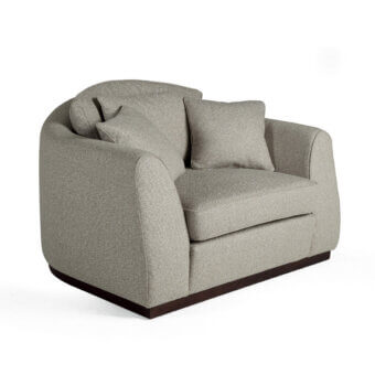 Handcrafted Zanaboni Santiago lounge chair built in light gray textured textile with mocha-stained wooden base