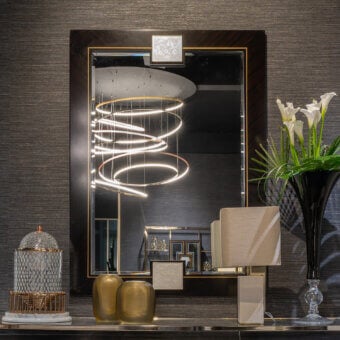 Distinguished Zanaboni SP/15 mirror crafted with ebony wood and brass details, showcasing engraved satin glass inserts