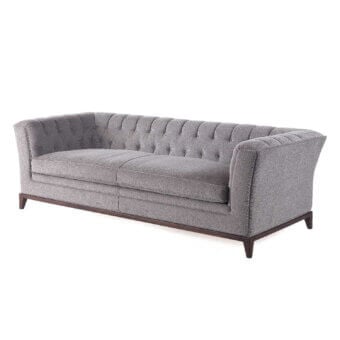 Exceptional Zanaboni Stark sofa crafted in Italy with light gray textured textile and dark brown finished wood base