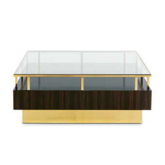 Elegant Zanaboni T139 coffee table crafted with ebony and brass, supporting a transparent glass top with glossy finish