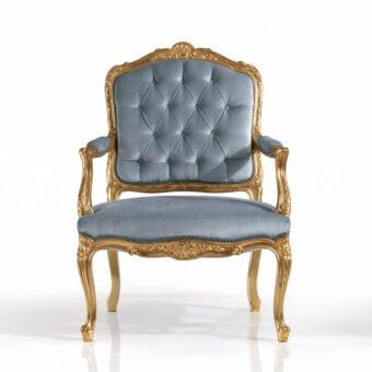 Lavish Armando Rho A1089 chair embodies French Louis XV style with white gold leaf and muted blue diamond-tufted upholstery crafted in Italy