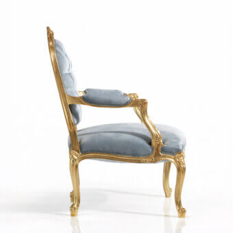 Distinguished Armando Rho A1089 chair embodies French Louis XV style with muted blue textile upholstery and white gold leaf finish