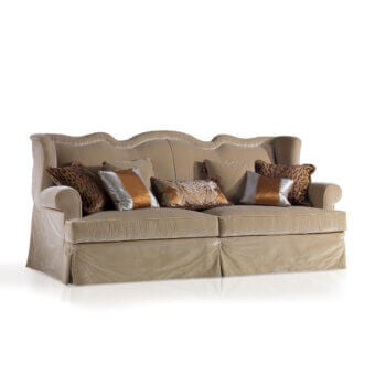 Superior Armando Rho A1144 sofa upholstered in muted beige textile with a matte finish exhibiting curved lines and handcrafted details