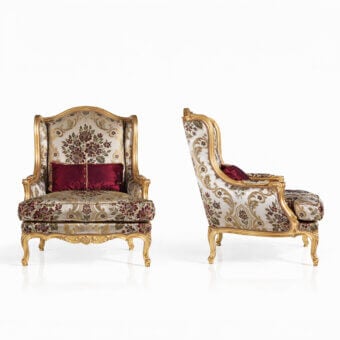 Distinguished Armando Rho A1157 lounge chair with floral textile upholstery in cream, burgundy and olive green with gold threading and glossy golden finish