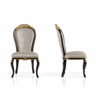 Distinguished Armando Rho A1169 & A1170 chair handcrafted in Italy with ebony finish and pale grey gold patterned upholstery