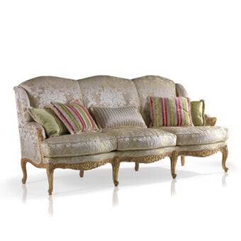 Exquisite Armando Rho A1177 sofa crafted in Italy with pale green and cream textile, gold leaf accented natural oak wood frame