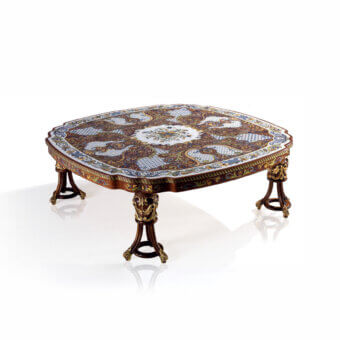 Distinguished Armando Rho A1178 coffee table crafted in Italy with multicolor floral inlays and glossy mahogany