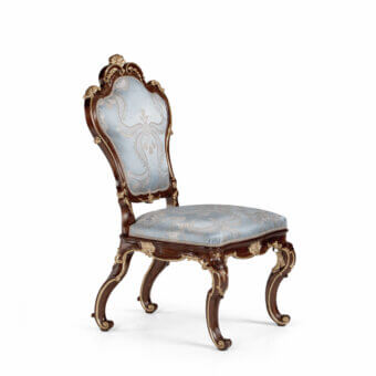 Lavish Armando Rho 1200 chair with solid walnut wood frame and floral patterned upholstery in light blue and cream with gold leaf accents