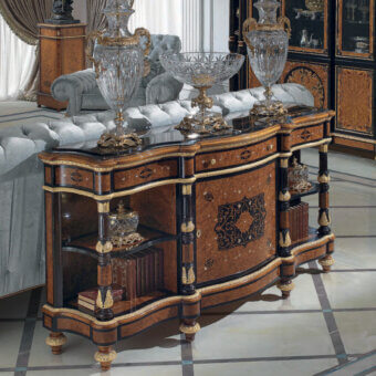 Distinguished Armando Rho A1207 cabinet crafted from walnut burl with deep ebony finishes and a black gold marble top