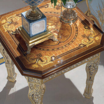 Exquisite Armando Rho A1211 side table crafted in crotch walnut and bois de rose with gold leaf accents and high-gloss finish