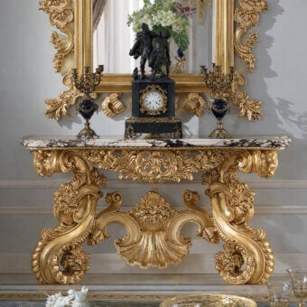 Superior Armando Rho A1221 console crafted in Italy with a luminous gold leaf finish and refined marble tabletop