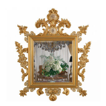 Distinguished Armando Rho A1222 mirror with elaborately sculpted wooden frame and radiant gold leaf finish