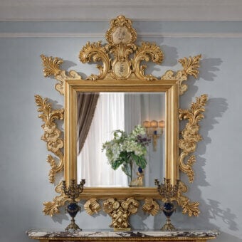 Lavish Armando Rho A1222 mirror crafted with gold leaf and hand-carved floral motifs creating a classically opulent silhouette