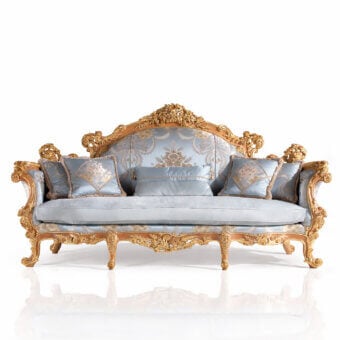 Lavish Armando Rho A1225 sofa with pale blue patterned textile and natural oak wood finished with gold leaf accents