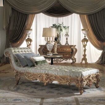 Distinguished Armando Rho A1229 chaise lounge with sculpted natural oak frame and gilded accents upholstered in a subtly striped textile