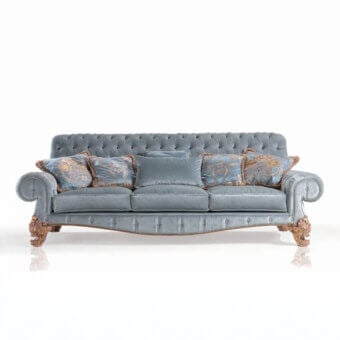 Exceptional Armando Rho A1232 sofa with curved silhouette and tufted backrest in matte velvet with gold finished carved wooden legs