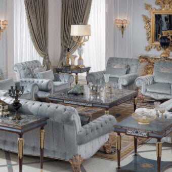 Distinguished Armando Rho A1232 sofa with elegantly curved silhouette, tufted backrest, and ornate glossy wood accents in muted gray textile