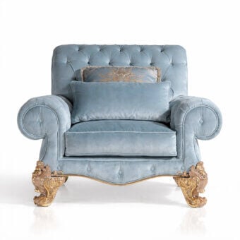 Distinguished Armando Rho A1233 lounge chair with muted blue textile and glossy gold-finished ornate wood frame
