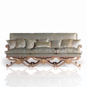 Exquisite Armando Rho A1234 & A1235 sofa with blue and gold patterned textile upholstery and natural oak frame enriched by gold leaf accents