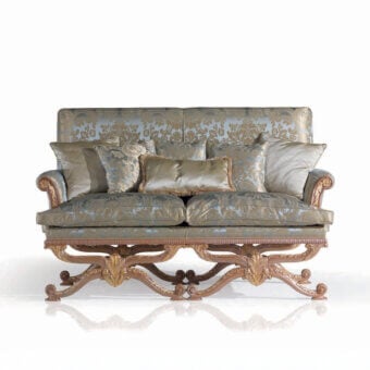 Lavish Armando Rho A1234 & A1235 sofa with a natural oak frame and muted teal textile upholstery enriched with gold leaf accents