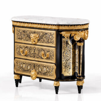 Exquisite Armando Rho A1239 dresser crafted in black ebonized wood with a marble top and gilded detailing