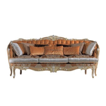 Lavish Armando Rho A1242 sofa crafted in patterned brown fabric with silver-grey accents and opulent gold leaf finish