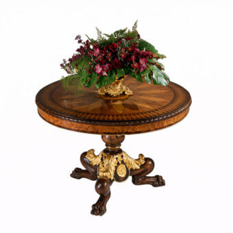 Lavish Armando Rho A1244 foyer table handcrafted in walnut burl, myrtle burl, and vavona burl veneers with a glossy inlaid geometric pattern