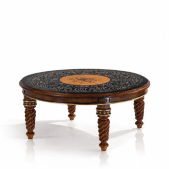 Architectural Armando Rho A1251 coffee table crafted with ebony and yew wood exhibiting floral inlays with a satin sheen