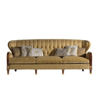 Distinguished Armando Rho A1265 sofa with golden yellow patterned textile and delicate gold leaf accents on a mahogany frame