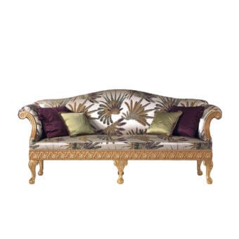Lavish Armando Rho A1267 sofa with creamy beige botanical textile and entirely gold leaf-finished wooden frame