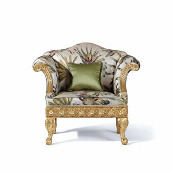 Lavish Armando Rho A1268 lounge chair with carved wooden frame and floral textile upholstery in green, beige, and white, crafted with gold leaf finish