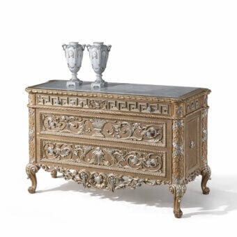 Lavish Armando Rho A1280 dresser crafted in natural oak with silver leaf accents and Grigio Bardiglio with Onyx Orange marble