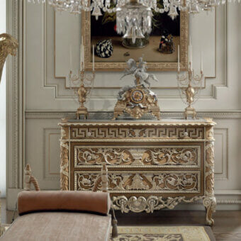 Distinguished Armando Rho A1280 dresser handcrafted in natural oak with silver leaf accents and a Grigio Bardiglio with Onyx Orange marble top