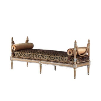 Distinguished Armando Rho A1281 bench with natural oak and silver leaf accents upholstered in bold leopard print with gold trim