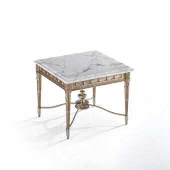 Exceptional Armando Rho A1283 side table crafted in silver leaf finished brass with cool white marble