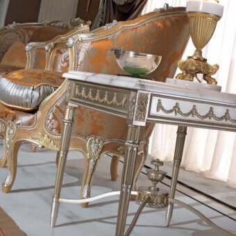 Distinguished Armando Rho A1283 side table with cool gray marble and silver leaf finished brass frame