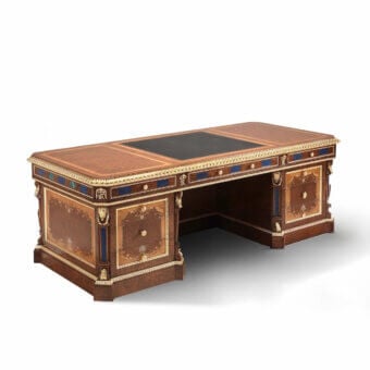 Distinguished Armando Rho A1285 desk crafted in walnut Persian burl and yew wood with a satin finish and gilded detailing