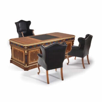 Lavish Armando Rho A1285 desk crafted in walnut Persian burl and yew wood with gold detailing and satin finish