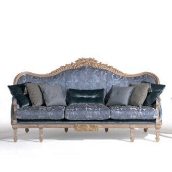 Lavish Armando Rho A1315 sofa crafted in muted blue floral textile with meticulously carved wood and opulent gold leaf finish