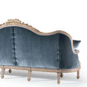 Distinguished Armando Rho A1315 sofa crafted in teal blue velvet with sculpted wood and opulent gold leaf finish