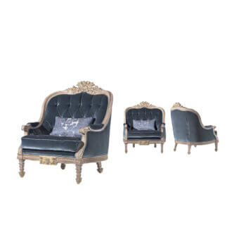 Distinguished Armando Rho A1316 lounge chair handcrafted with dark teal upholstery and radiant gold leaf finished wooden frame