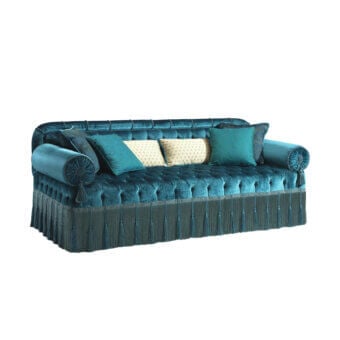 Lavish Armando Rho A1327 sofa upholstered in plush velvet textile with curved lines and tasseled skirted base