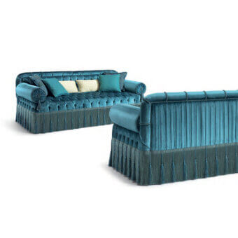 Exceptional Armando Rho A1327 sofa crafted in matte velvet textile with deep teal hue and fringe detail