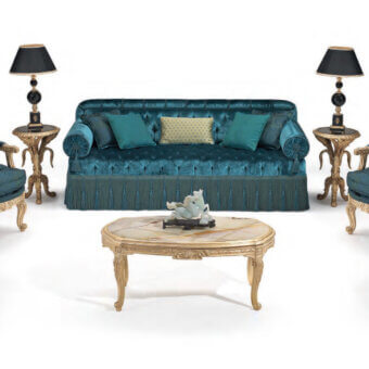 Distinguished Armando Rho A1327 sofa built with teal textile, lighter teal and cream cushions, plus ornate gold-toned wood detailing