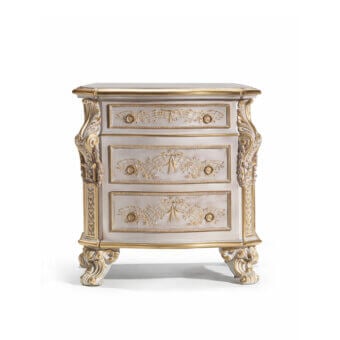 Distinguished Armando Rho A1332 nightstand crafted in oak wood with grey finish and ornate gold floral decorations with creamy white marble top