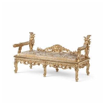 Exceptional Armando Rho A1334 bench embodies French Louis XVI elegance with sculpted wood entirely finished in radiant gold leaf