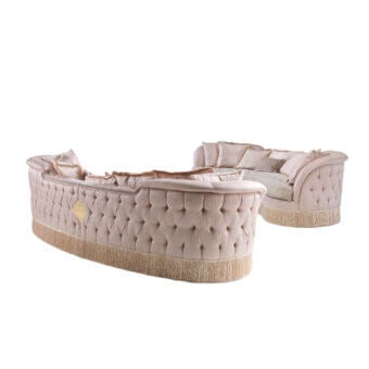 Distinguished Armando Rho A1346 sofa crafted in a blush pink fabric with beige fringe and matte finish
