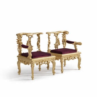 Exceptional Armando Rho A1349 lounge chair with gold leaf finish and deep burgundy upholstery crafted in Italy
